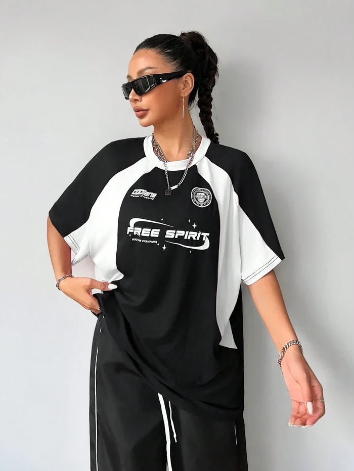 SXV free spirit half sleeves black and white racing colorblocked Y2K t-shirt