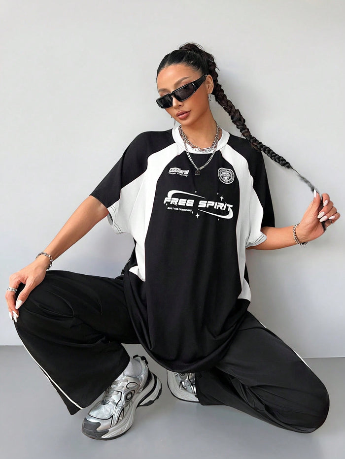 SXV free spirit half sleeves black and white racing colorblocked Y2K t-shirt