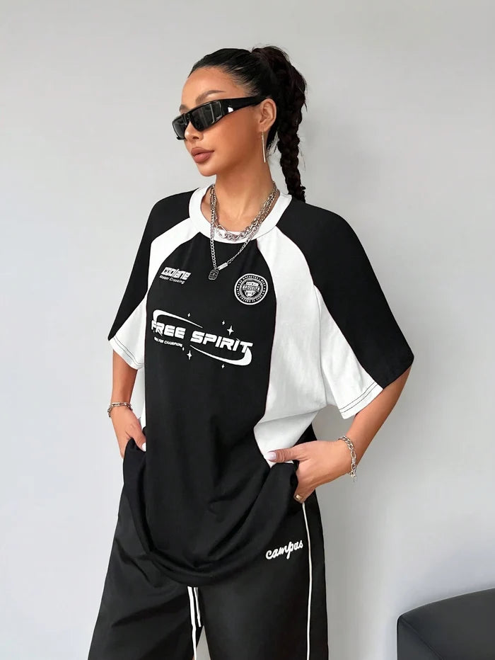 SXV free spirit half sleeves black and white racing colorblocked Y2K t-shirt