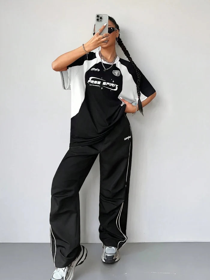 SXV free spirit half sleeves black and white racing colorblocked Y2K t-shirt