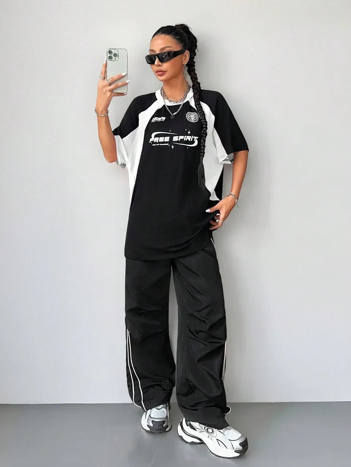 SXV free spirit half sleeves black and white racing colorblocked Y2K t-shirt