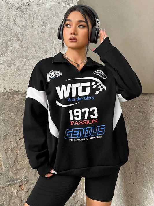 SXV Genius Slogan Graphic Racing Print Zipper Front Sweatshirt