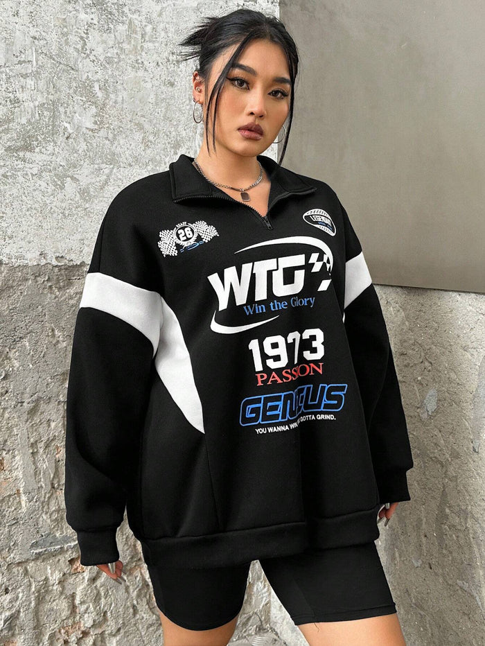 SXV Genius Slogan Graphic Racing Print Zipper Front Sweatshirt