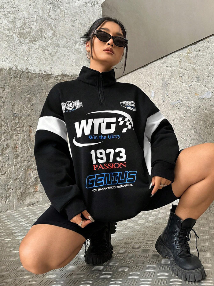 SXV Genius Slogan Graphic Racing Print Zipper Front Sweatshirt
