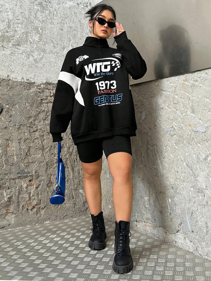 SXV Genius Slogan Graphic Racing Print Zipper Front Sweatshirt