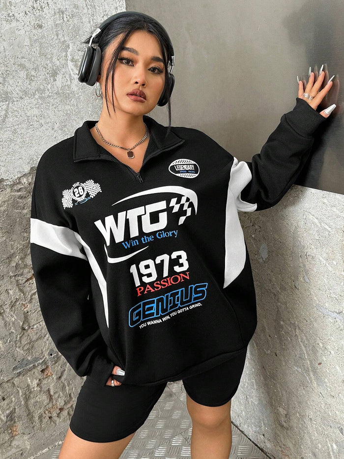 SXV Genius Slogan Graphic Racing Print Zipper Front Sweatshirt