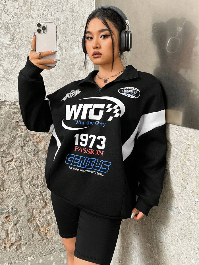 SXV Genius Slogan Graphic Racing Print Zipper Front Sweatshirt
