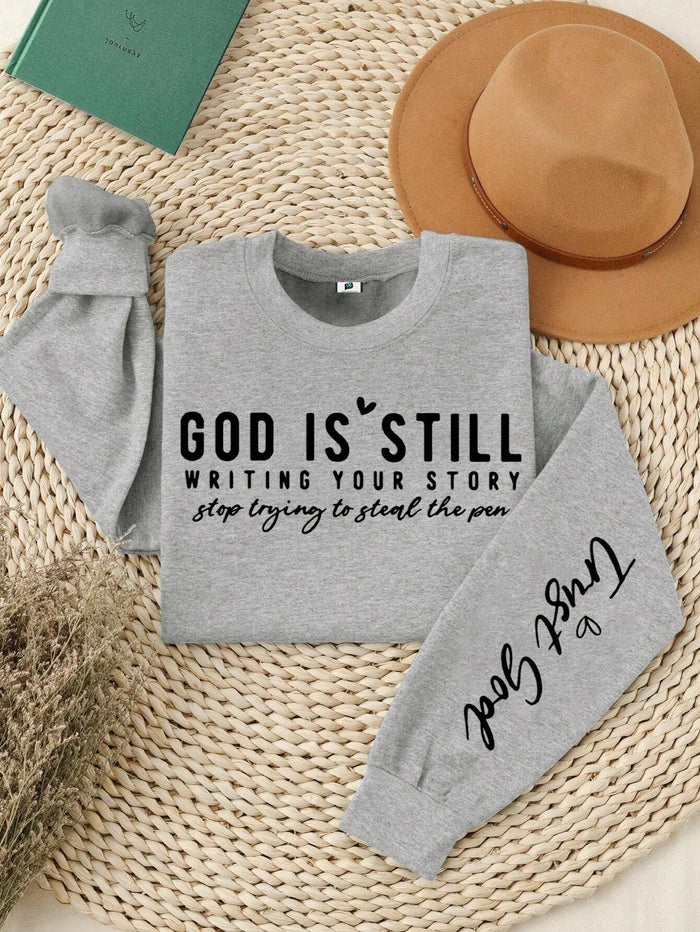 SXV God Print Slogan Crew Neck Long Sleeve Casual Women Sweatshirt,Long Sleeve Tops