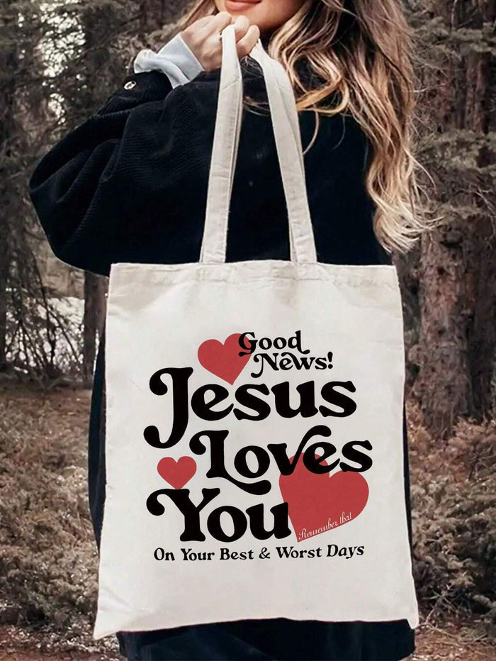 SXV Good News!Jesus Loves YouPrint Tote Bag,Christian Tote Bag, Vintage Bible Verse Printed Tote Bag, Christian Gift