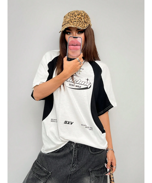 SXV Hustle for The Dream Life Printed black and white colourblocked streetwear racing Oversized Baggy Cotton T-Shirt
