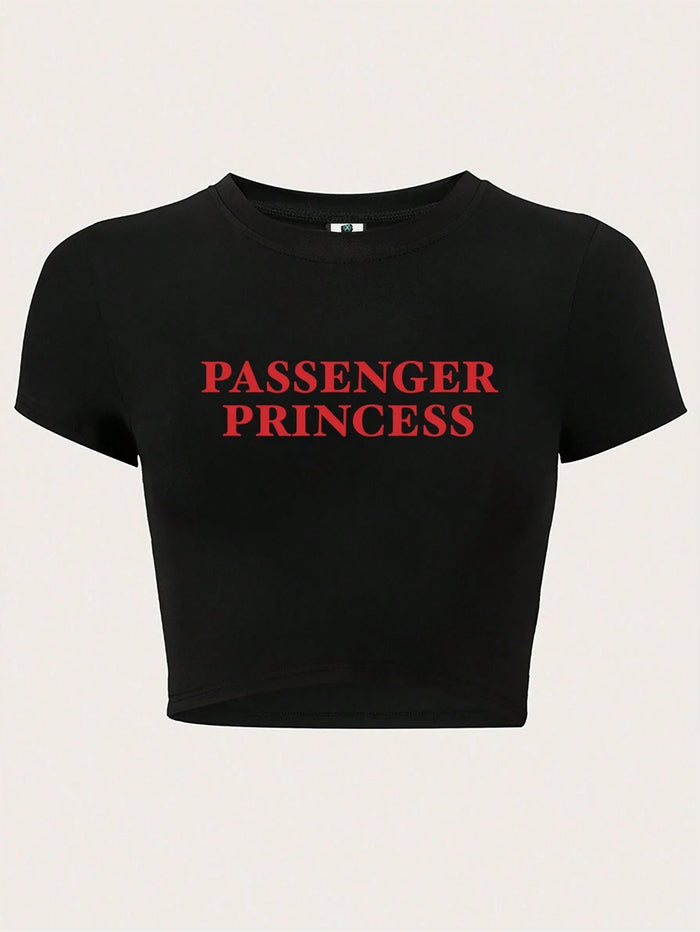 SXV Letter Printed Crop Top Slim Fit T-Shirt PASSENGER PRINCESS Graphic Tees Women Tops