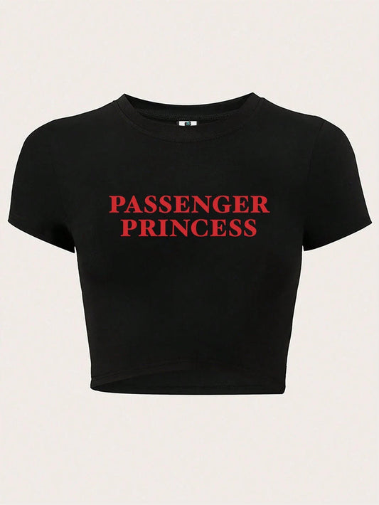 SXV Letter Printed Crop Top Slim Fit T-Shirt PASSENGER PRINCESS Graphic Tees Women Tops