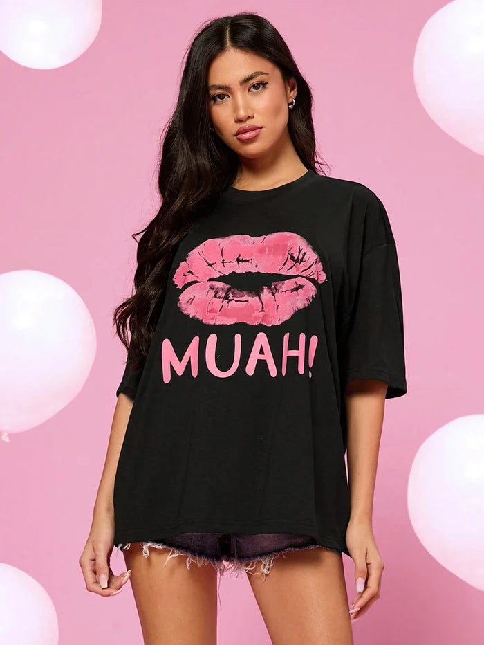 SXV  'MUAH!’ Printed Cool Aesthetic Oversized Baggy T-shirt