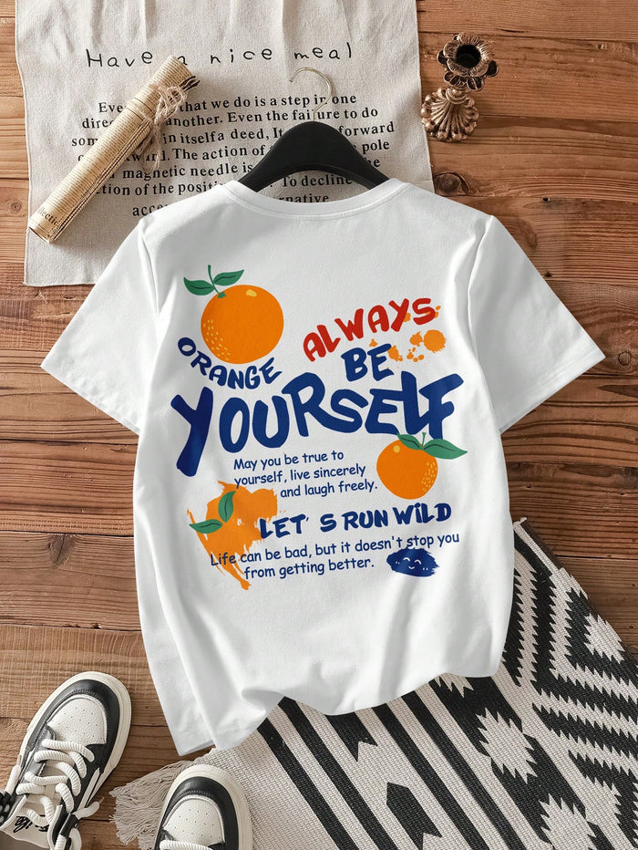 SXV Orange Graffiti English Text White Fitted Round Neck Short Sleeve T-Shirt For Summer, Cotton Blend
