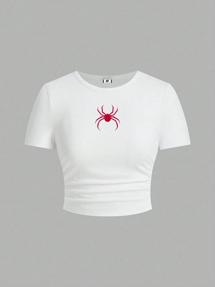 SXV Red Spider Print Casual Simple Design Crew Neck Short Sleeve Fitted Women T-Shirts