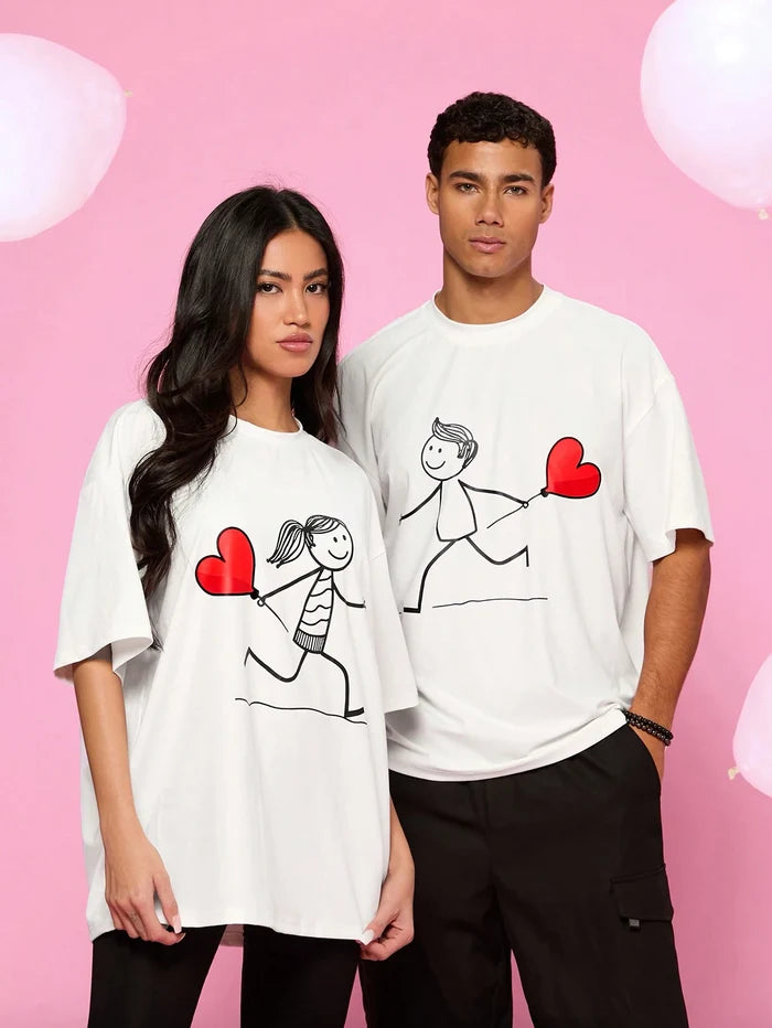 SXV Set Couple's Casual Loose Fit Cartoon Character & Heart Print Short Sleeve T-Shirt