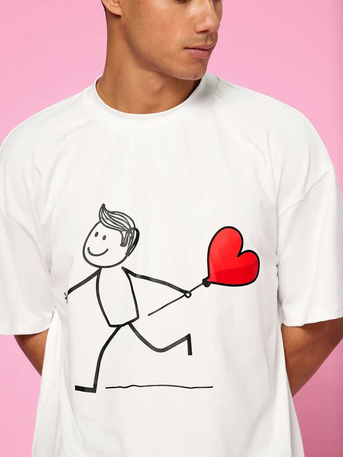 SXV Set Couple's Casual Loose Fit Cartoon Character & Heart Print Short Sleeve T-Shirt