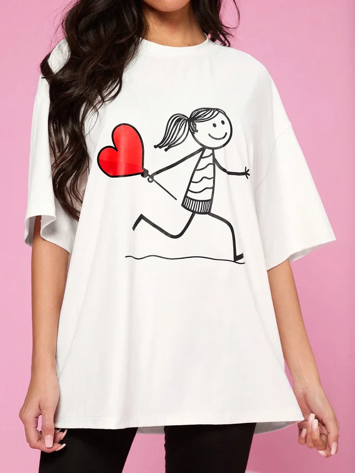 SXV Set Couple's Casual Loose Fit Cartoon Character & Heart Print Short Sleeve T-Shirt