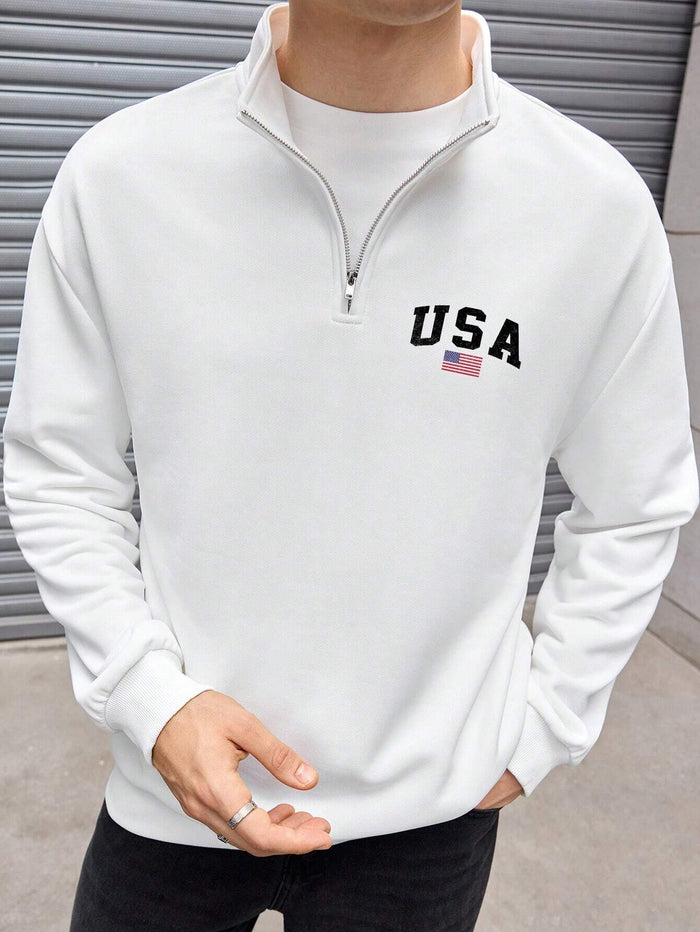SXV STYLE USA Printed Half Zipper Collared Sweatshirt for Men