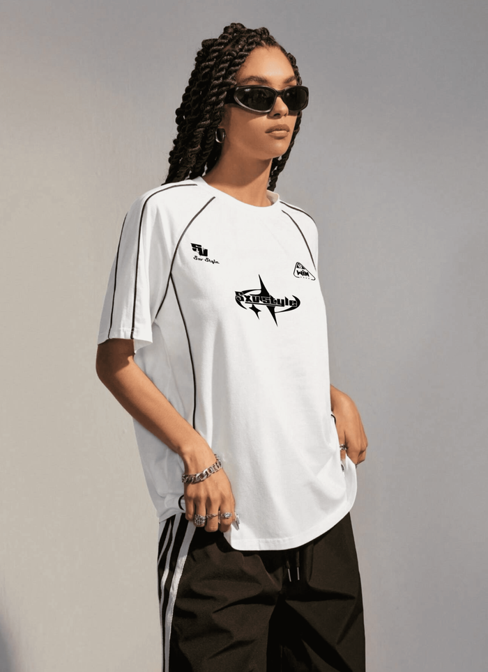 SXV STYLE Women's Street-Style Y2K Cool Event Letter Printed Color-Blocked Racing Short Sleeve Black T-Shirt