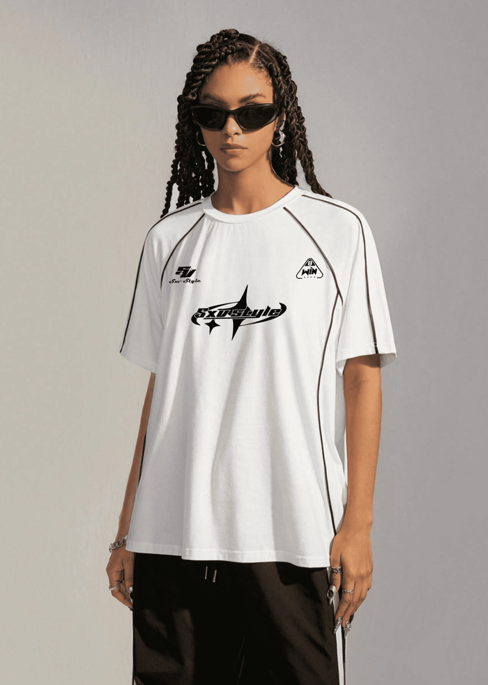 SXV STYLE Women's Street-Style Y2K Cool Event Letter Printed Color-Blocked Racing Short Sleeve Black T-Shirt