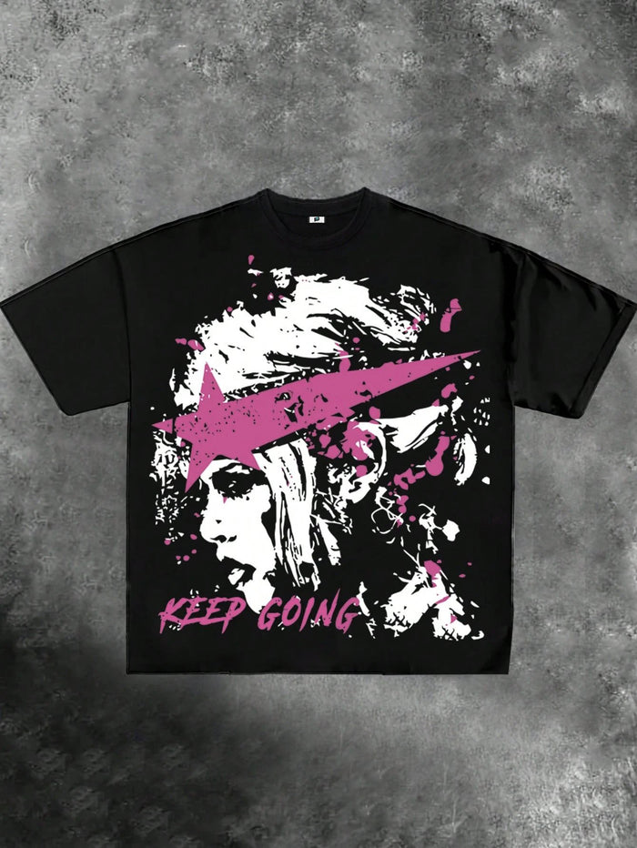 SXV Summer Casual Human Figure & Slogan Print T-Shirt Graphic Tees Women Tops