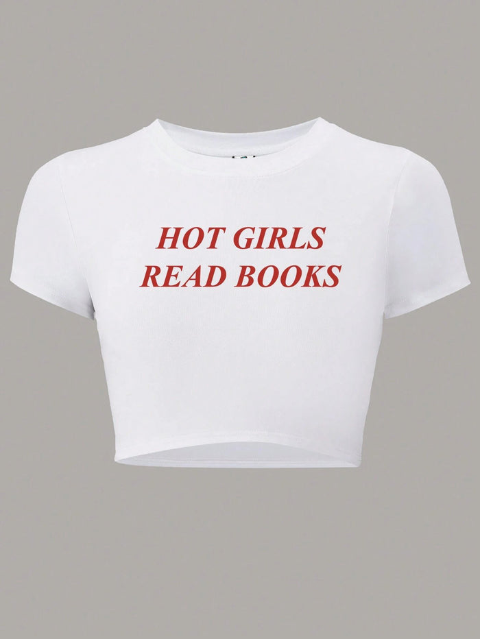 SXV Summer Short Sleeve Letter Print Slim Fit T-Shirt HOT GIRLS READ BOOKS