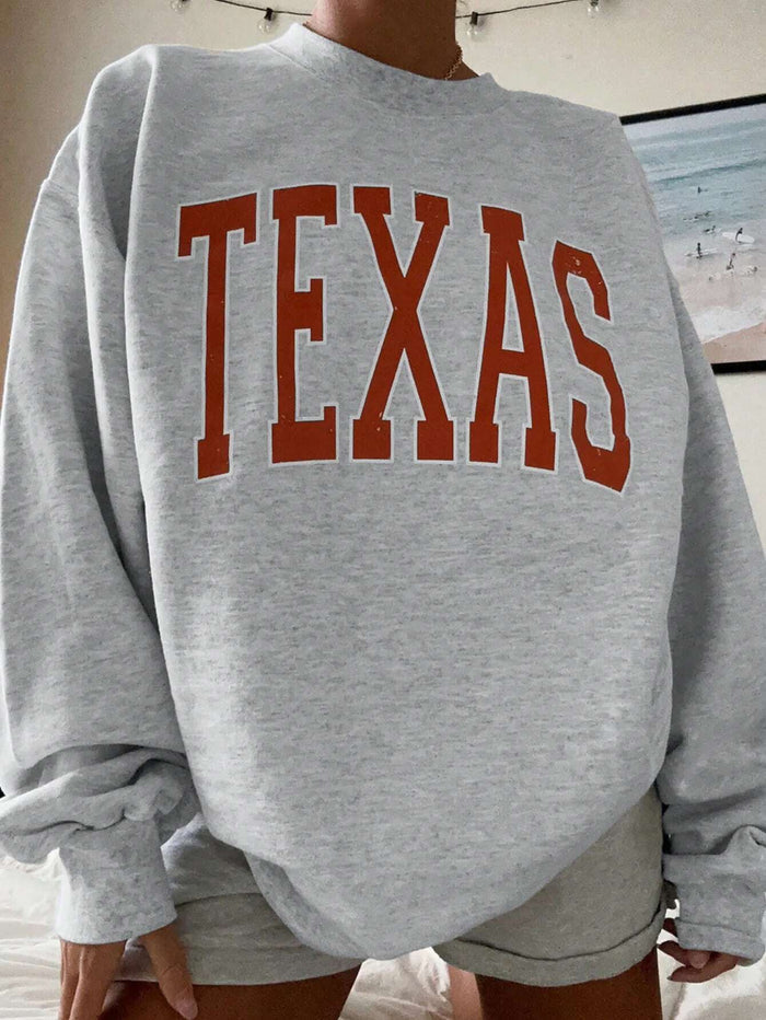 SXV TEXAS Printed Casual Letter Printed Drop Shoulder Relaxed Fit Sweatshirt, For Winter
