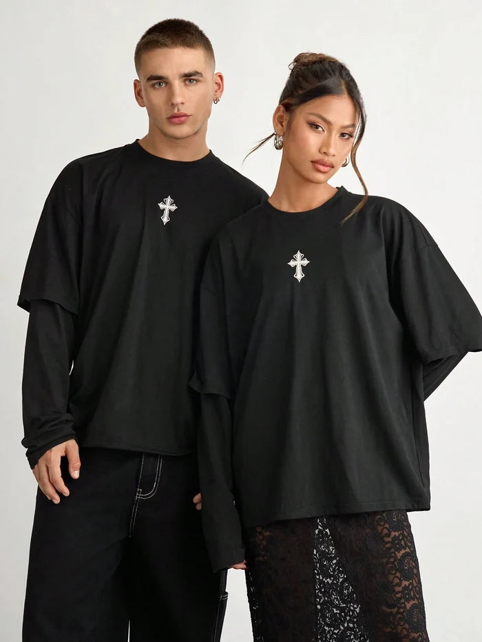 SXV Unisex Loose Fit Drop Shoulder Faux Round Neck Half Sleeves T-Shirt