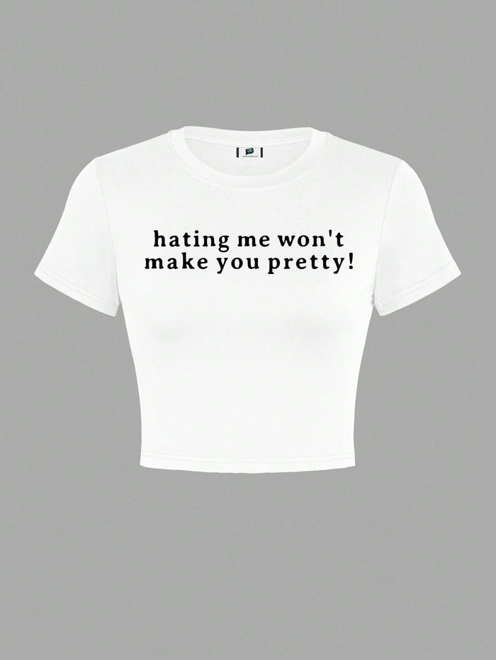 SXV Women Casual Crew Neck Short Sleeve Letter Print Cropped Slim Fit T-Shirt