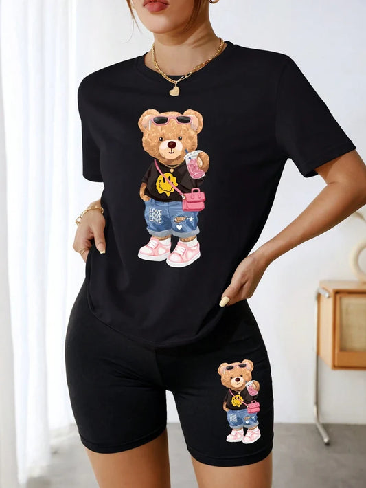 SXV Women Cute Teddy Short Sleeve T-Shirt And Cycling Shorts Summer Outfits