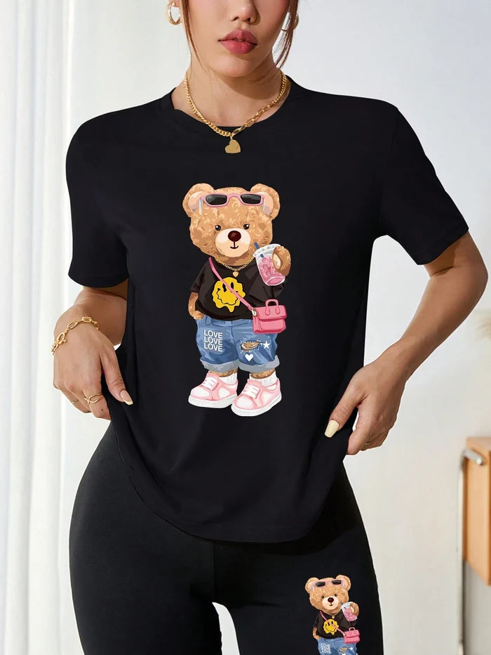 SXV Women Cute Teddy Short Sleeve T-Shirt And Cycling Shorts Summer Outfits