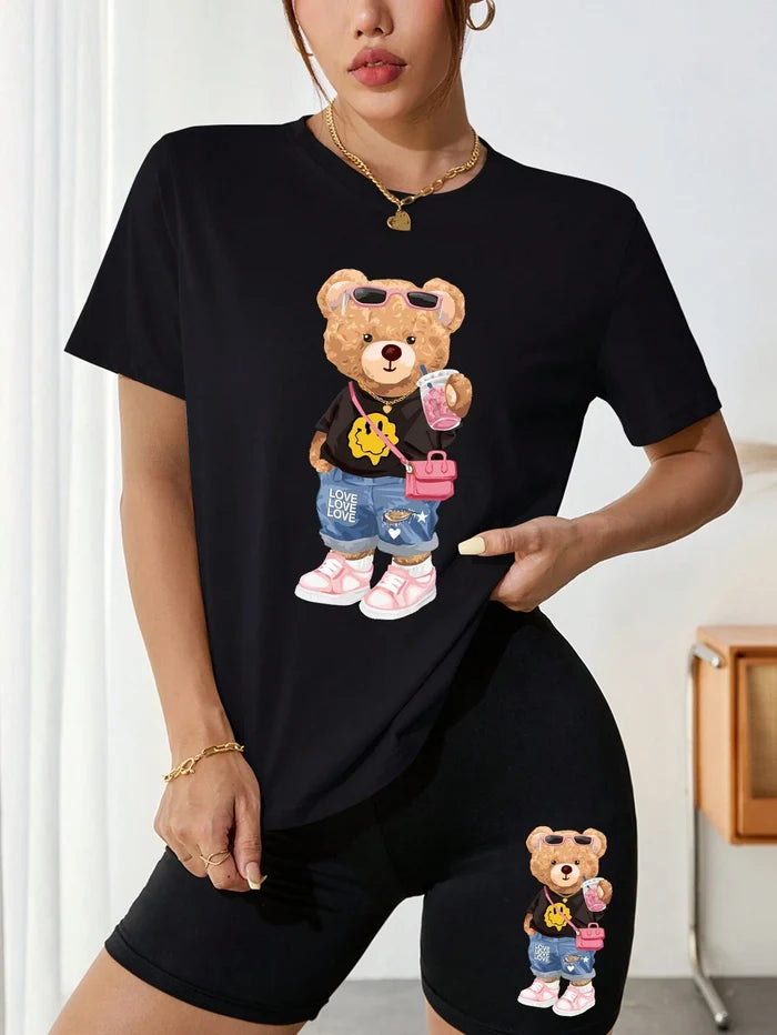 SXV Women Cute Teddy Short Sleeve T-Shirt And Cycling Shorts Summer Outfits