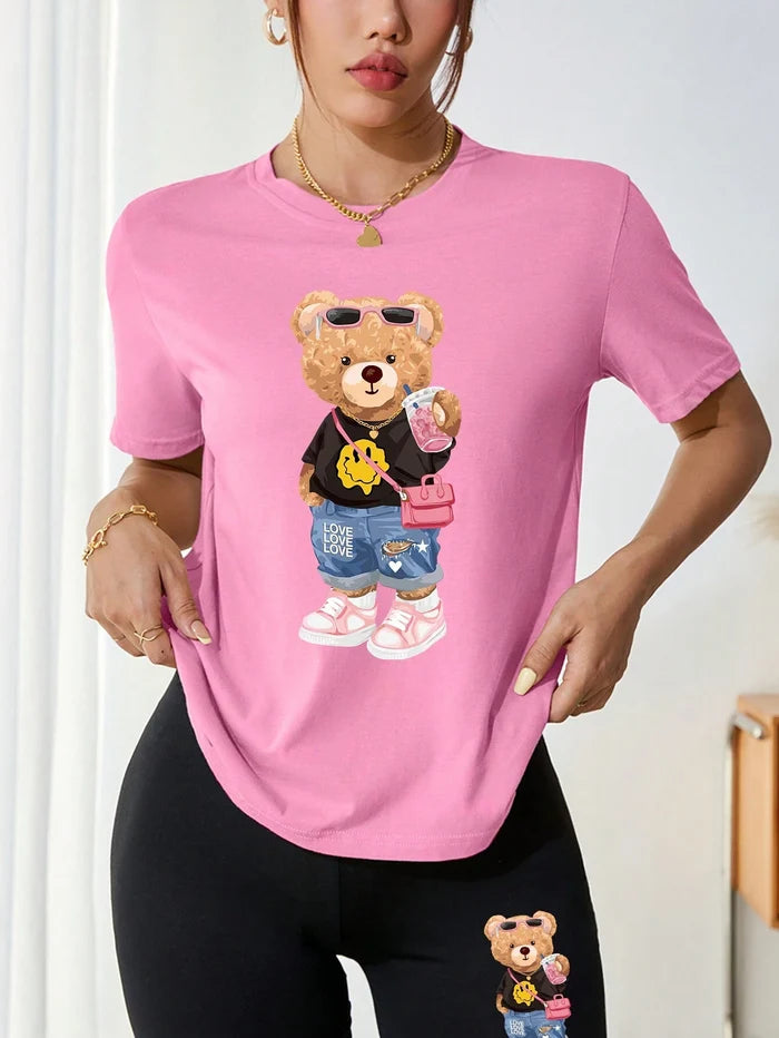SXV Women Cute Teddy Short Sleeve T-Shirt And Cycling Shorts Summer Outfits