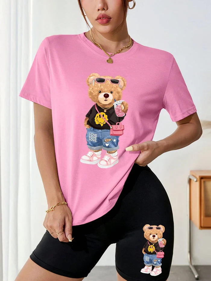 SXV Women Cute Teddy Short Sleeve T-Shirt And Cycling Shorts Summer Outfits