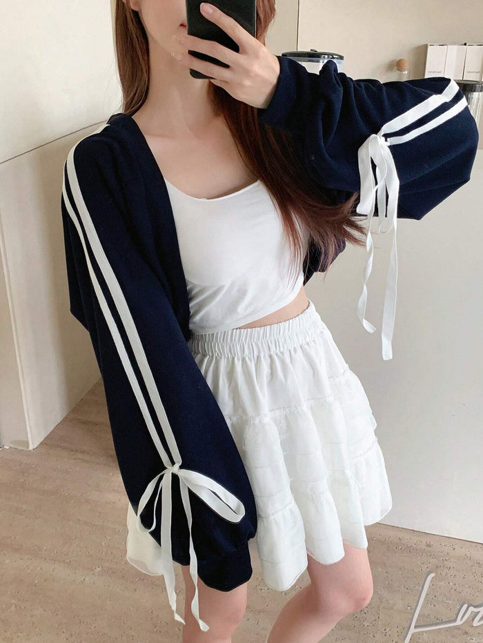 SXV Women Spring And Autumn Striped Cuffs Knotted Open Placket Cropped Top