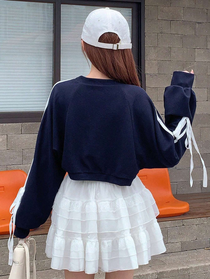 SXV Women Spring And Autumn Striped Cuffs Knotted Open Placket Cropped Top