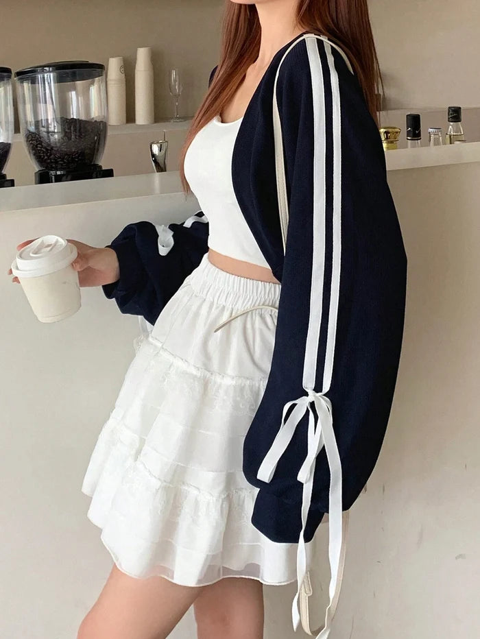 SXV Women Spring And Autumn Striped Cuffs Knotted Open Placket Cropped Top