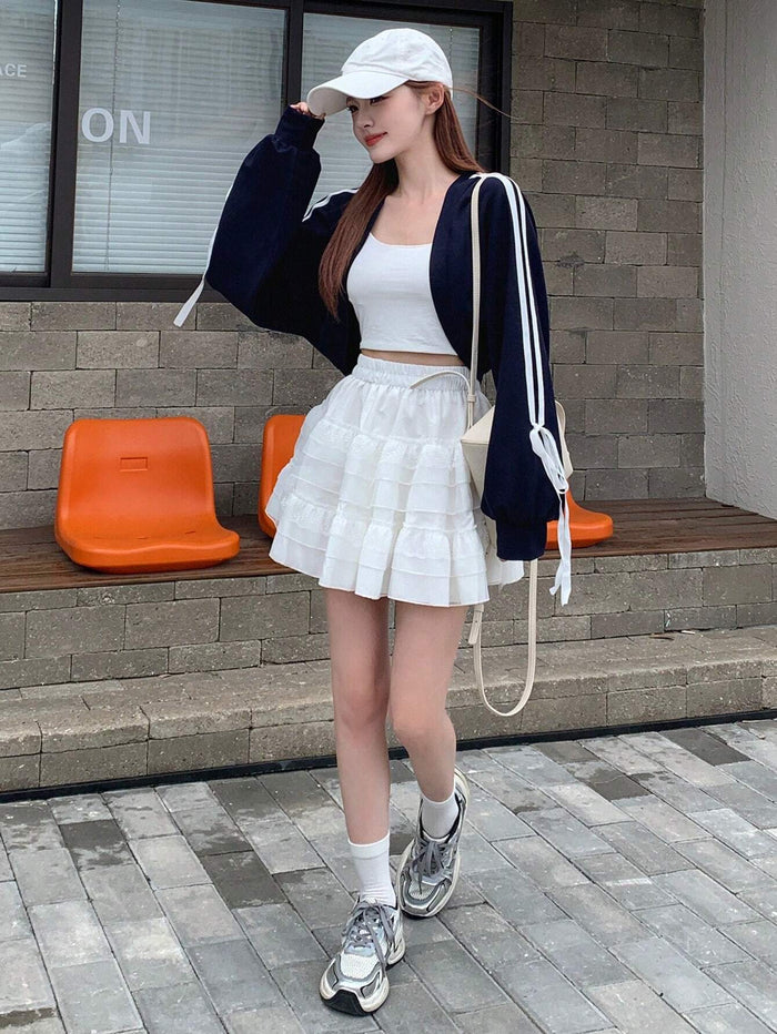 SXV Women Spring And Autumn Striped Cuffs Knotted Open Placket Cropped Top