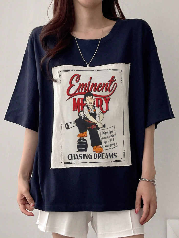 SXV Women's Applique Letter & Cartoon Character Printed Loose T-Shirt