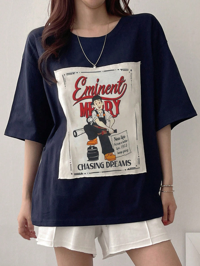 SXV Women's Applique Letter & Cartoon Character Printed Loose T-Shirt