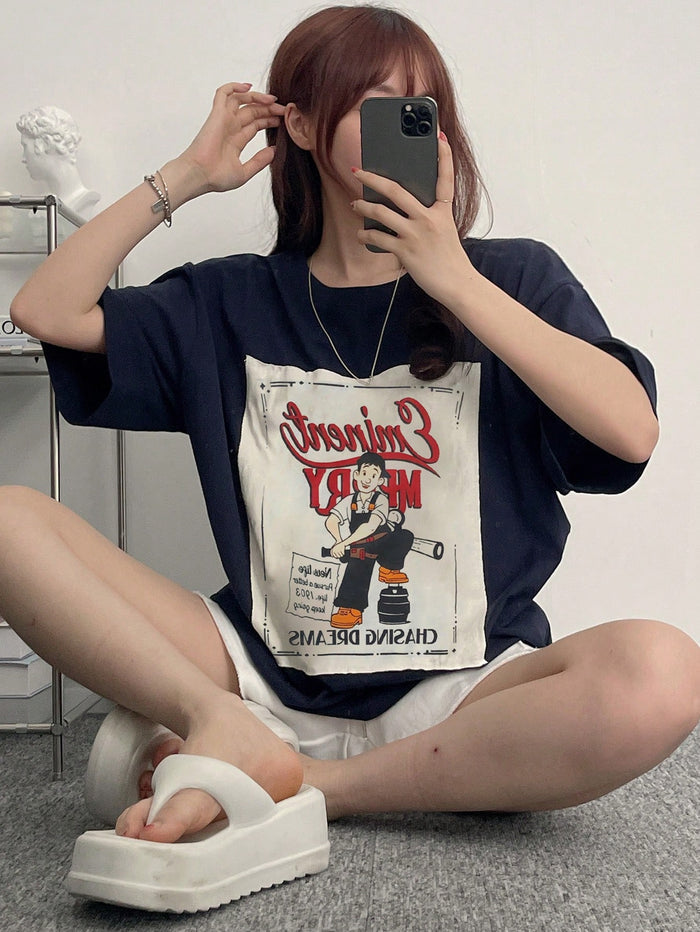 SXV Women's Applique Letter & Cartoon Character Printed Loose T-Shirt