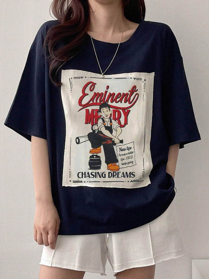 SXV Women's Applique Letter & Cartoon Character Printed Loose T-Shirt