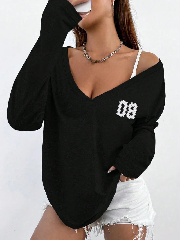 SXV Women's Autumn Numeric Graphic V-Neck Long Sleeve T-Shirt Graphic Tees Women Tops For Spring Outfit