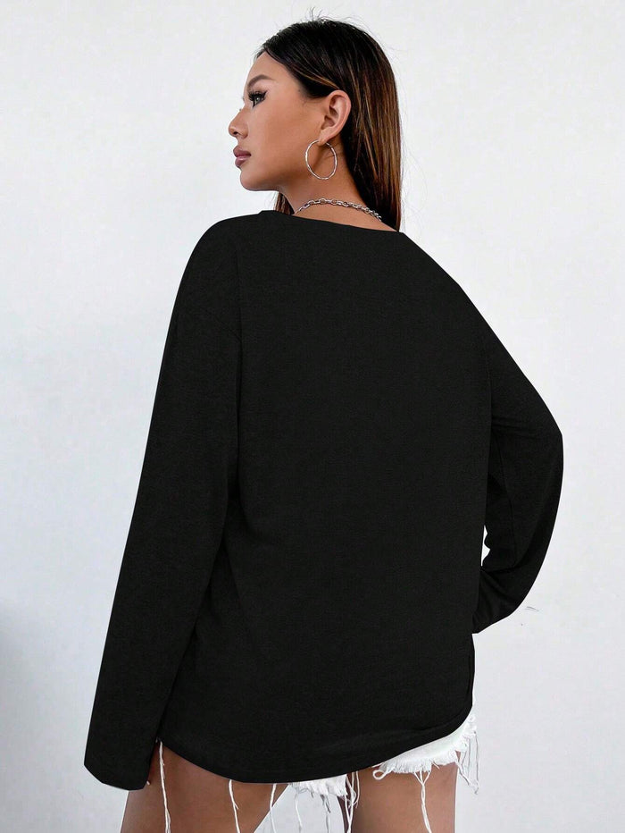SXV Women's Autumn Numeric Graphic V-Neck Long Sleeve T-Shirt Graphic Tees Women Tops For Spring Outfit