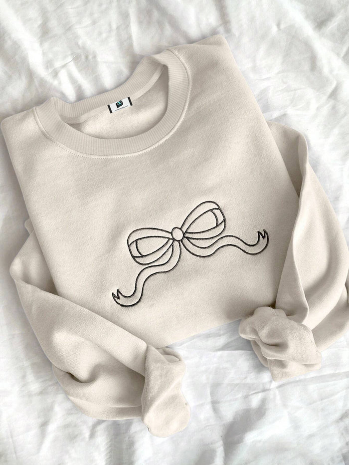 SXV Women's Bow Embroidery Round Neck Long Sleeve Fleece Sweatshirt, Casual For Autumn