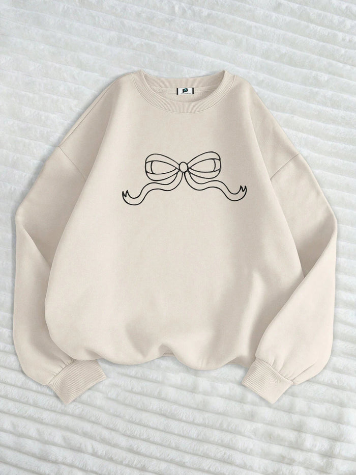 SXV Women's Bow Embroidery Round Neck Long Sleeve Fleece Sweatshirt, Casual For Autumn
