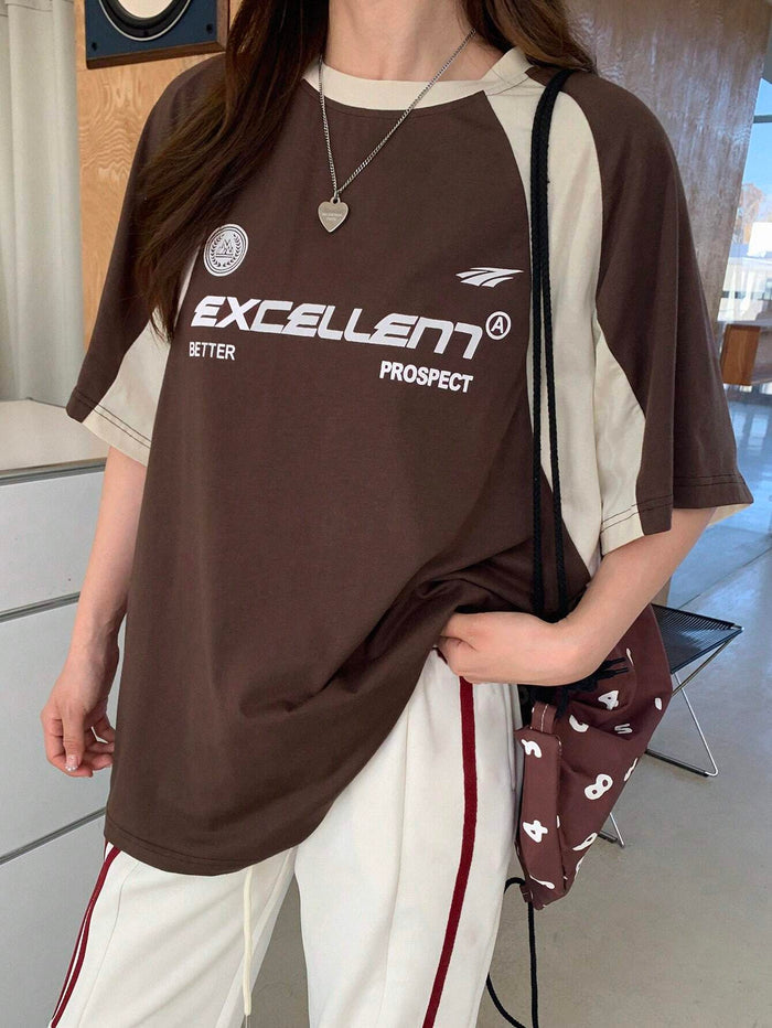 SXV Women's Contrast Color Letter Printed Round Neck Short Sleeve T-Shirt EXCELLENT BETTER PROSPECT Jersey