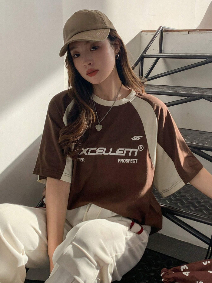 SXV Women's Contrast Color Letter Printed Round Neck Short Sleeve T-Shirt EXCELLENT BETTER PROSPECT Jersey