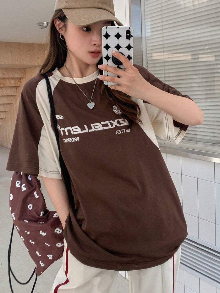 SXV Women's Contrast Color Letter Printed Round Neck Short Sleeve T-Shirt EXCELLENT BETTER PROSPECT Jersey